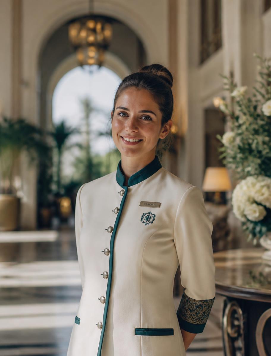 Profesional de hospitalidad en el lobby de un hotel mediterráneo